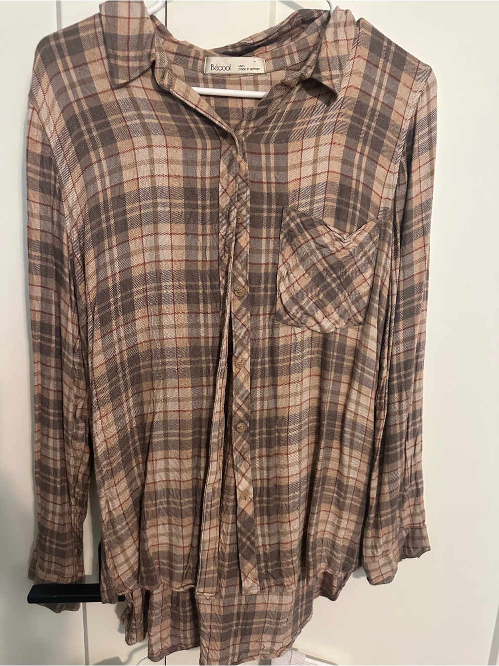 BE COOL Beige, Brown and Gray Plaid womens Button-Down Shirt